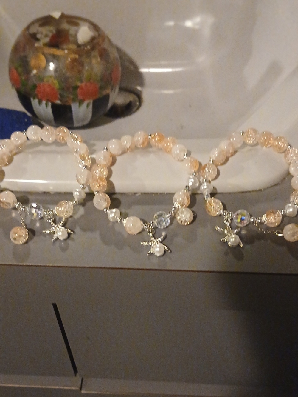 Peach and Cream Beaded Starfish Charm Bracelets - Set of 3